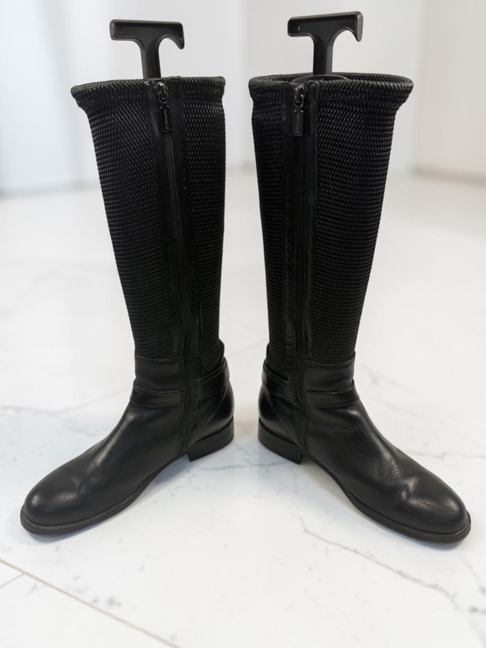 Blondo Zana Waterproof Riding Boots Black Leather Knit Stretch Flat Heel Size 8M